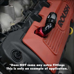 Example of Metal Horse Ford Coyote Valve Cover Breather Fitting fully installed and connected to a Metal Horse 90º Degree Fitting black and red..